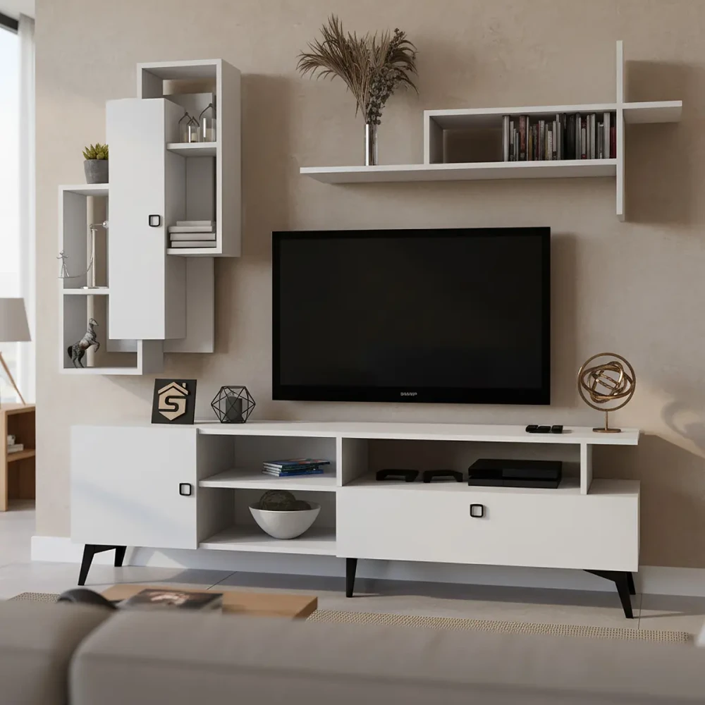 طاولة تلفزيون مع رفوف لون أبيض 16