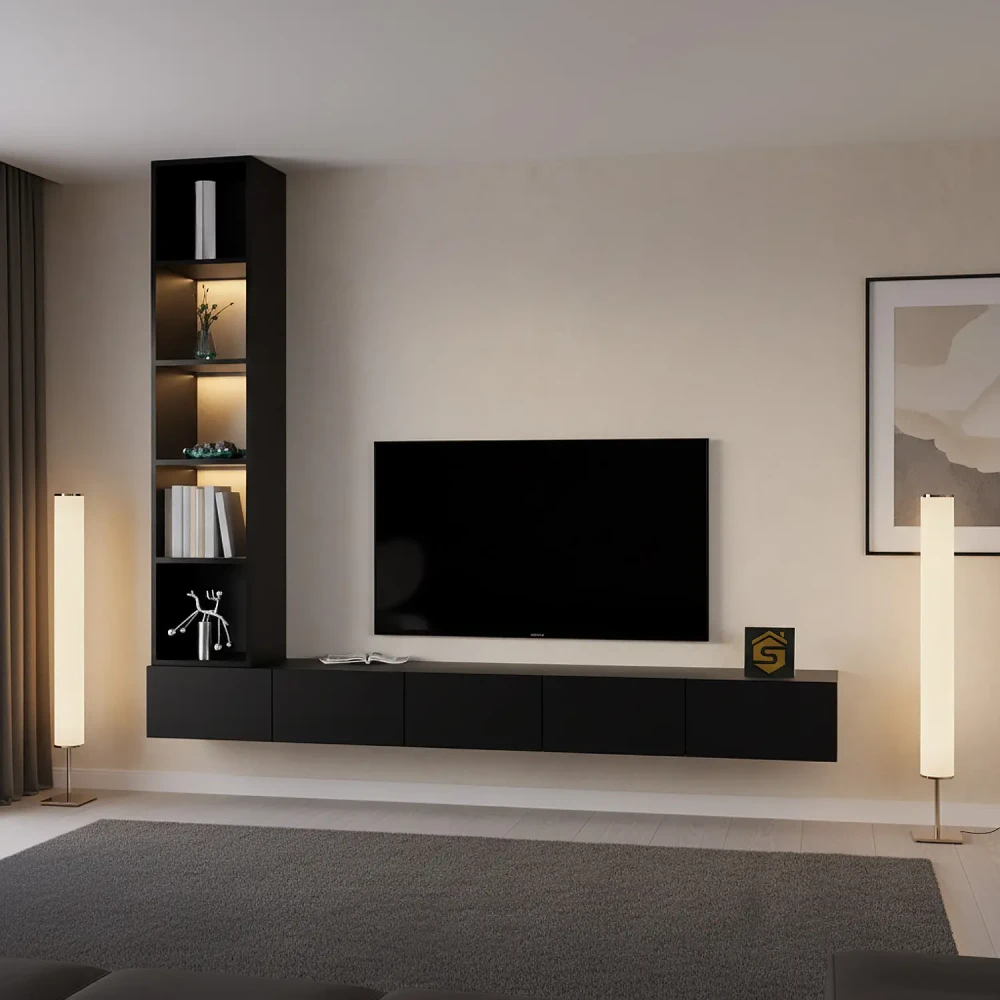 مكتبة تلفزيون مودرن بإضاءة شحن لون أسود 220 سم