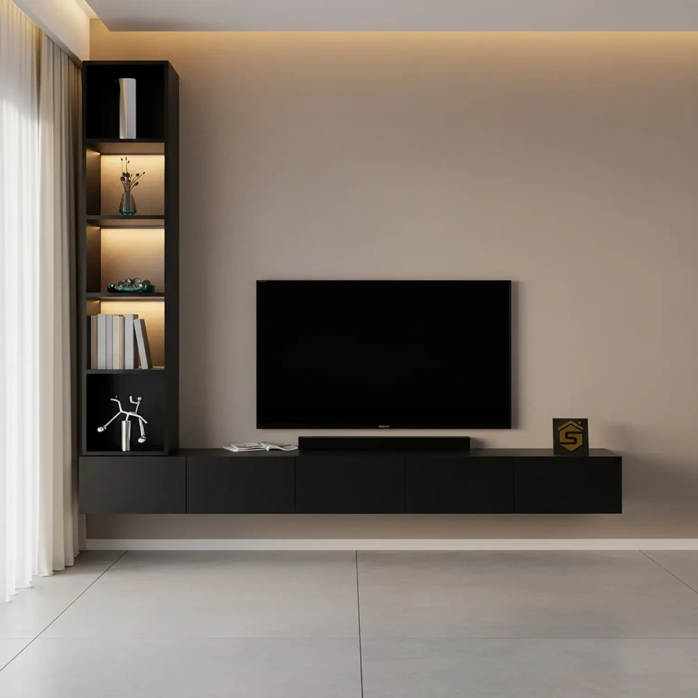 مكتبة تلفزيون مودرن بإضاءة شحن لون أسود 220 سم