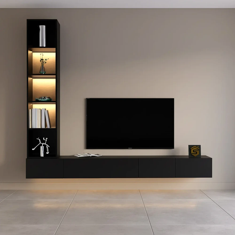مكتبة تلفزيون مودرن بإضاءة شحن لون أسود 220 سم