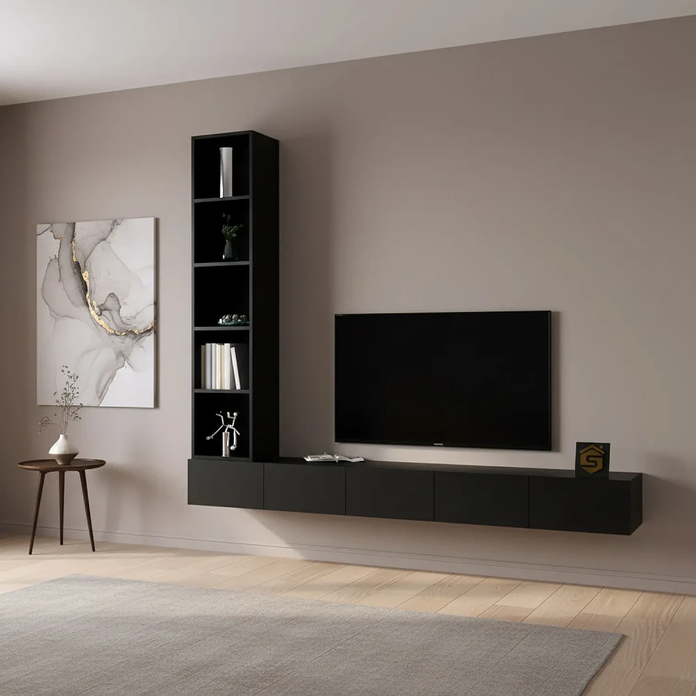 مكتبة تلفزيون مودرن بإضاءة شحن لون أسود 220 سم
