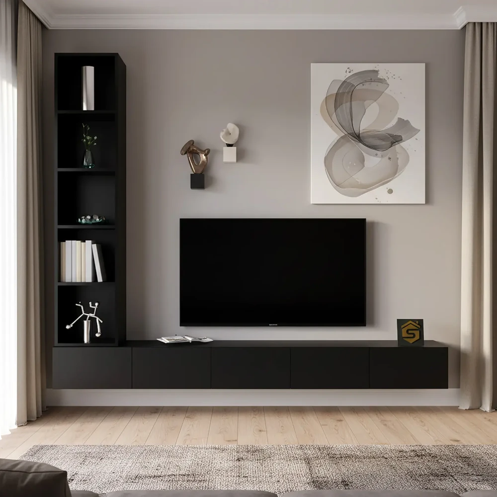 مكتبة تلفزيون مودرن بإضاءة شحن لون أسود 220 سم