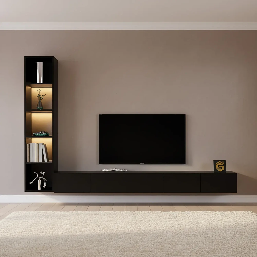 مكتبة تلفزيون مودرن بإضاءة شحن لون أسود 220 سم
