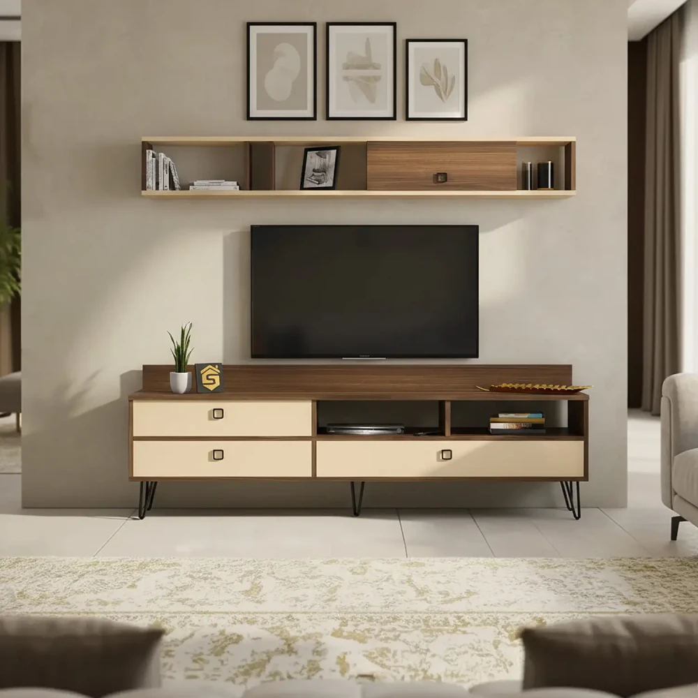 طاولة تلفزيون لون بيج مع بني 86