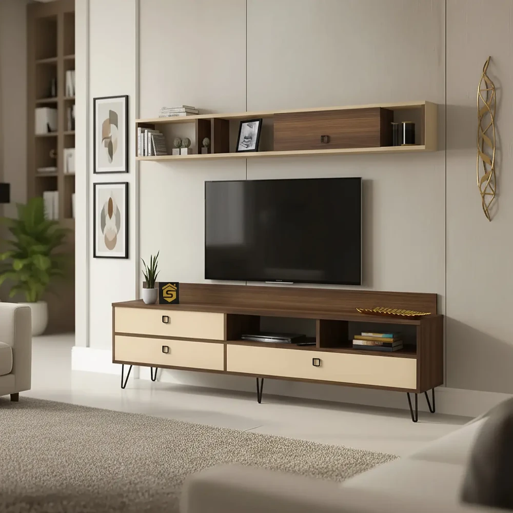 طاولة تلفزيون لون بيج مع بني 86