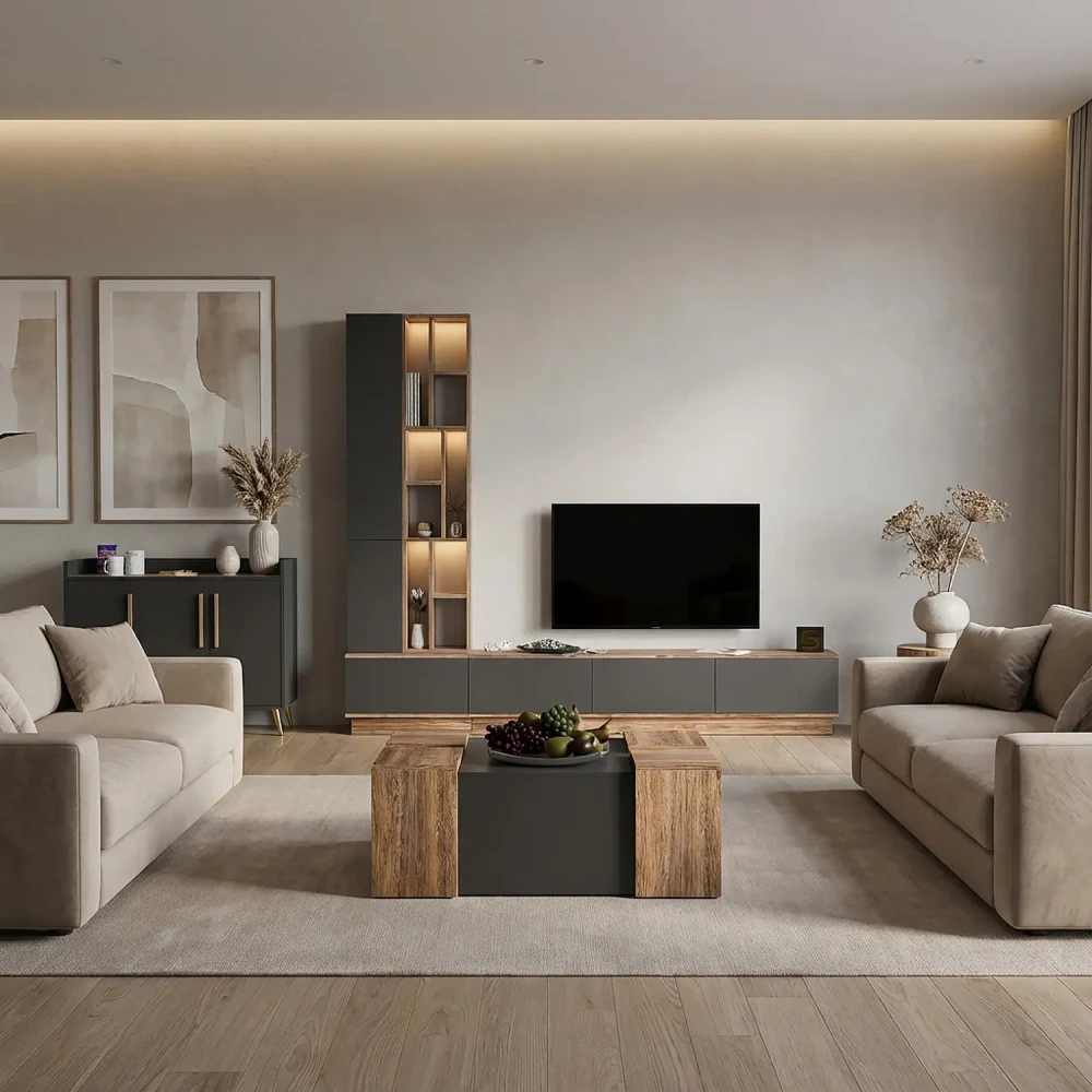 طقم طاولات تلفزيون مودرن لون رمادي مع بني 153