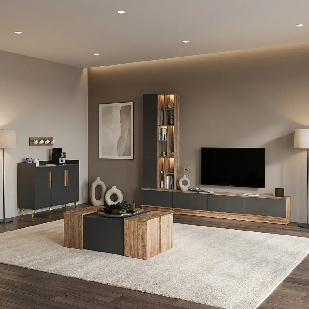 طقم طاولات تلفزيون مودرن لون رمادي مع بني 153