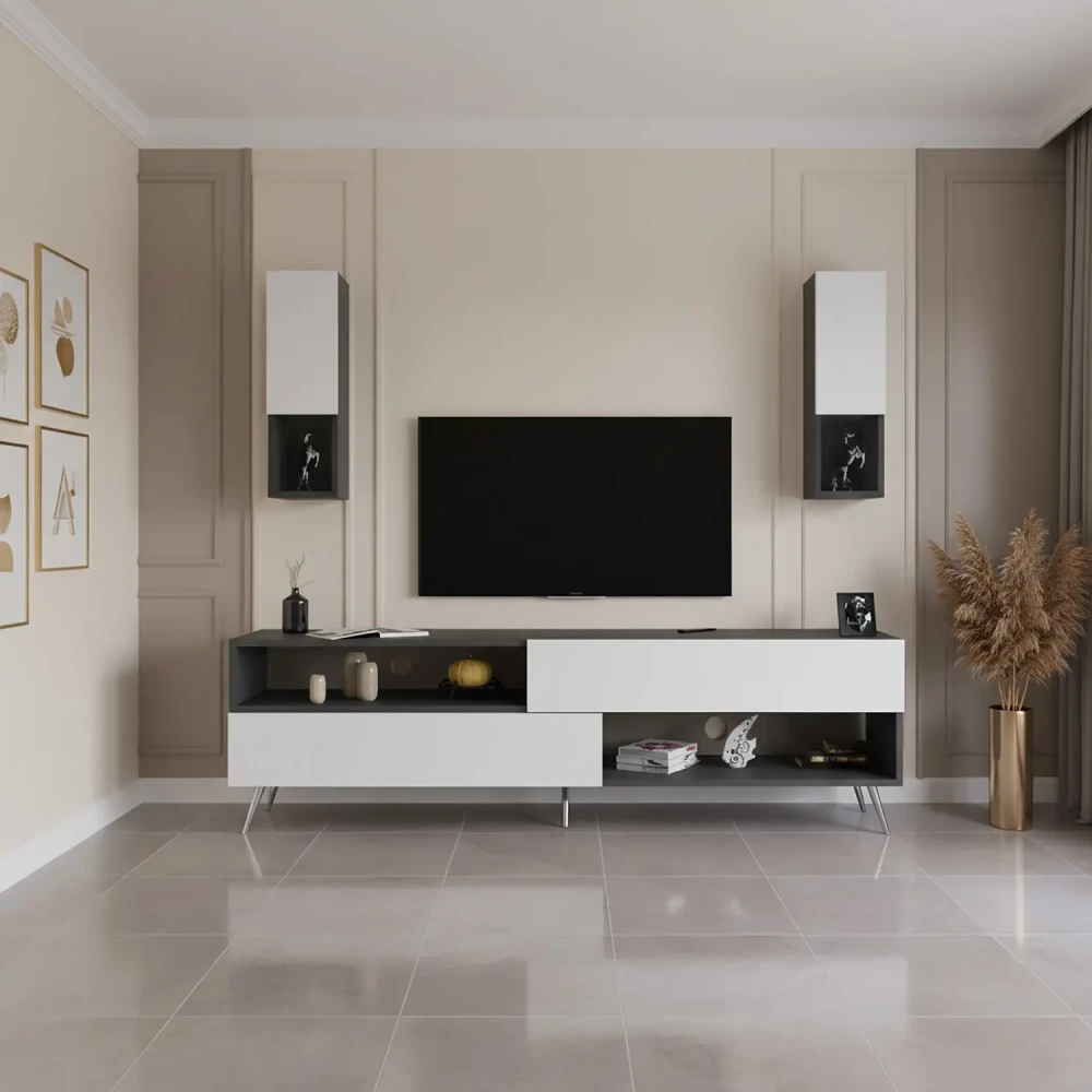 طاولة تلفزيون لون أبيض مع رمادي 73
