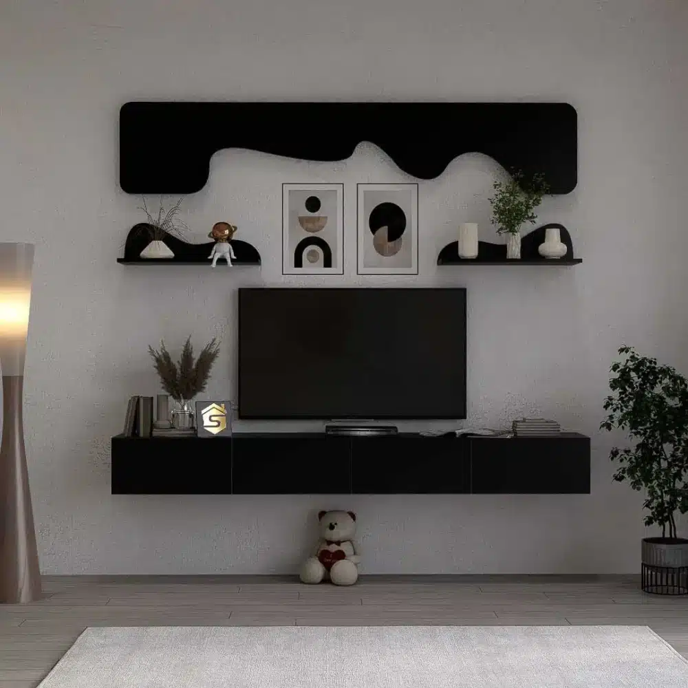 طاولة تلفزيون مودرن معلقة 200 سم لون اسود مع رف ديكور
