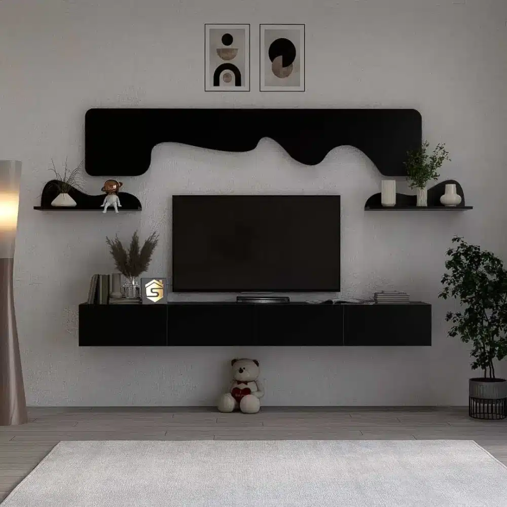 طاولة تلفزيون مودرن معلقة 200 سم لون اسود مع رف ديكور