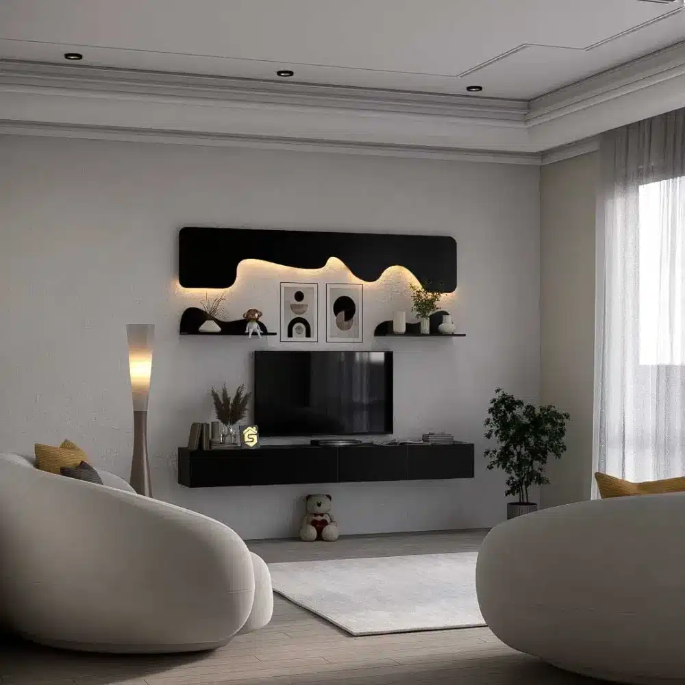 طاولة تلفزيون مودرن معلقة 200 سم لون اسود مع رف ديكور