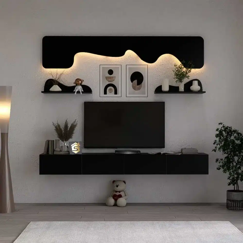 طاولة تلفزيون مودرن معلقة 200 سم لون اسود مع رف ديكور