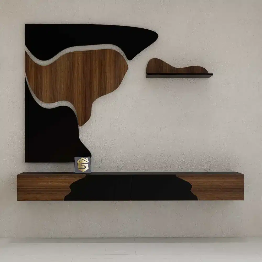 طاولة تلفزيون مودرن معلقة 200 سم أسود وبني مع 3 درف