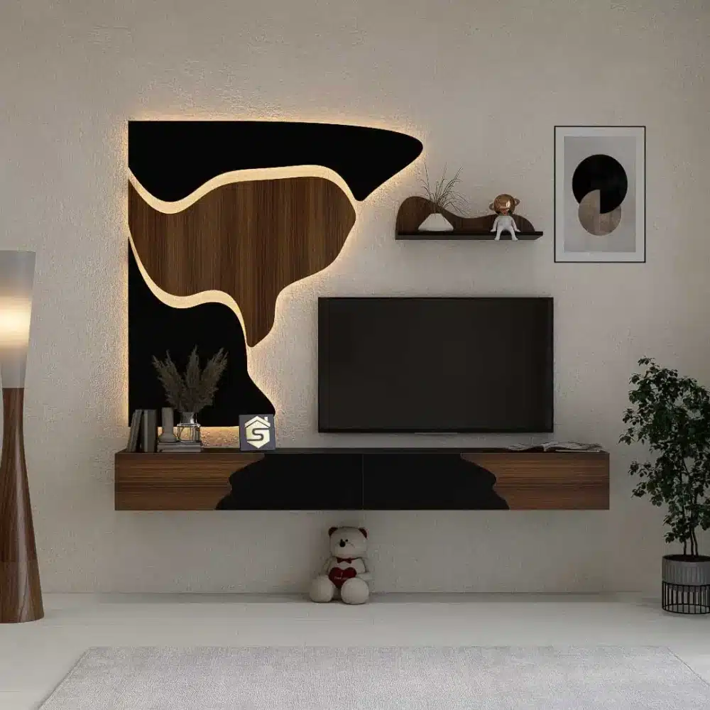 طاولة تلفزيون مودرن معلقة 200 سم أسود وبني مع 3 درف