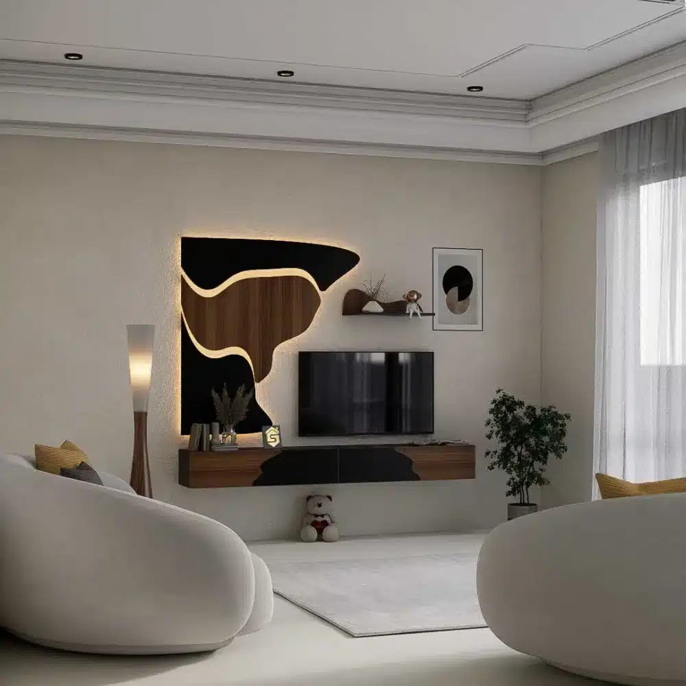 طاولة تلفزيون مودرن معلقة 200 سم أسود وبني مع 3 درف