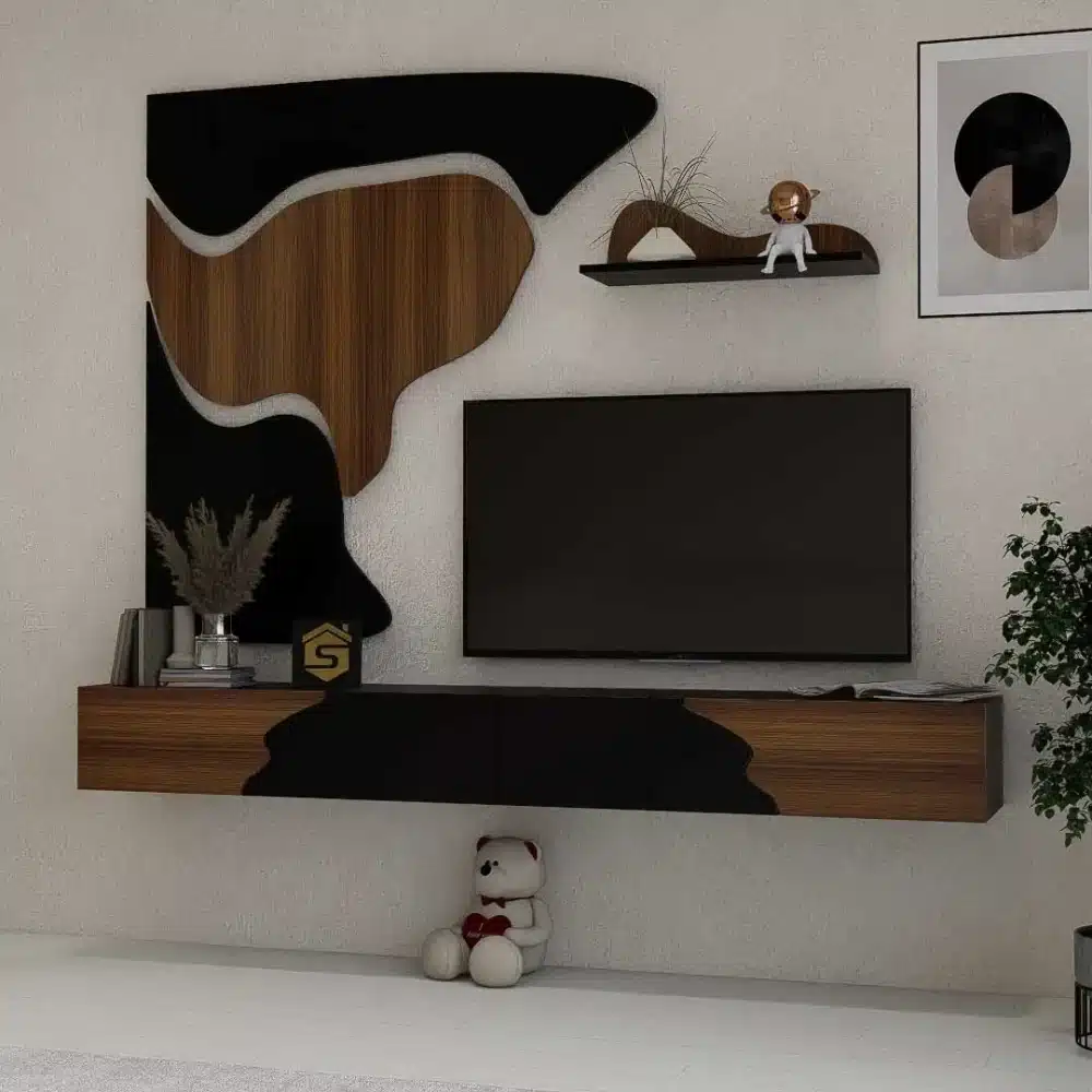 طاولة تلفزيون مودرن معلقة 200 سم أسود وبني مع 3 درف