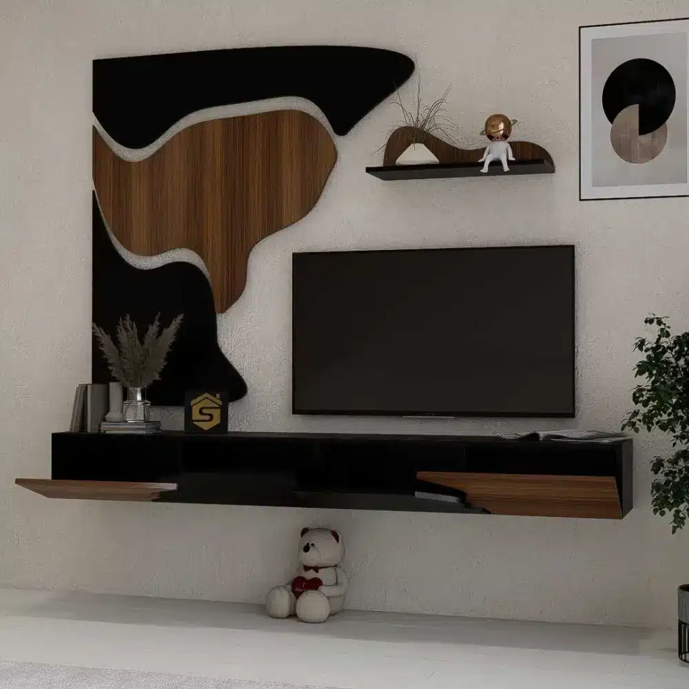 طاولة تلفزيون مودرن معلقة 200 سم أسود وبني مع 3 درف