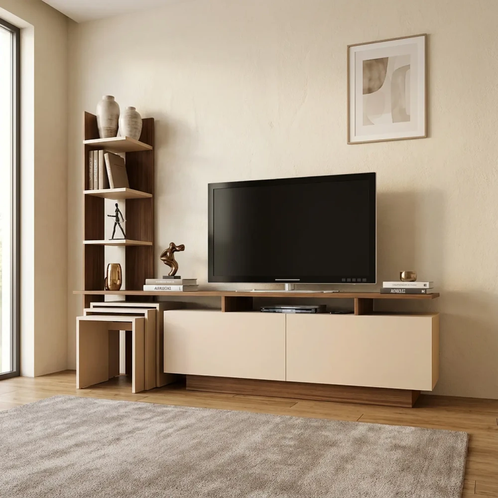 طاولة تلفزيون لون بيج مع بني 86
