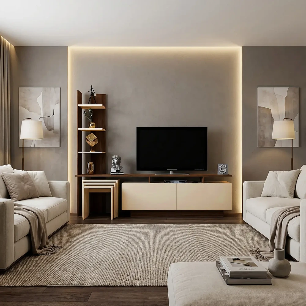 طاولة تلفزيون لون بيج مع بني 86