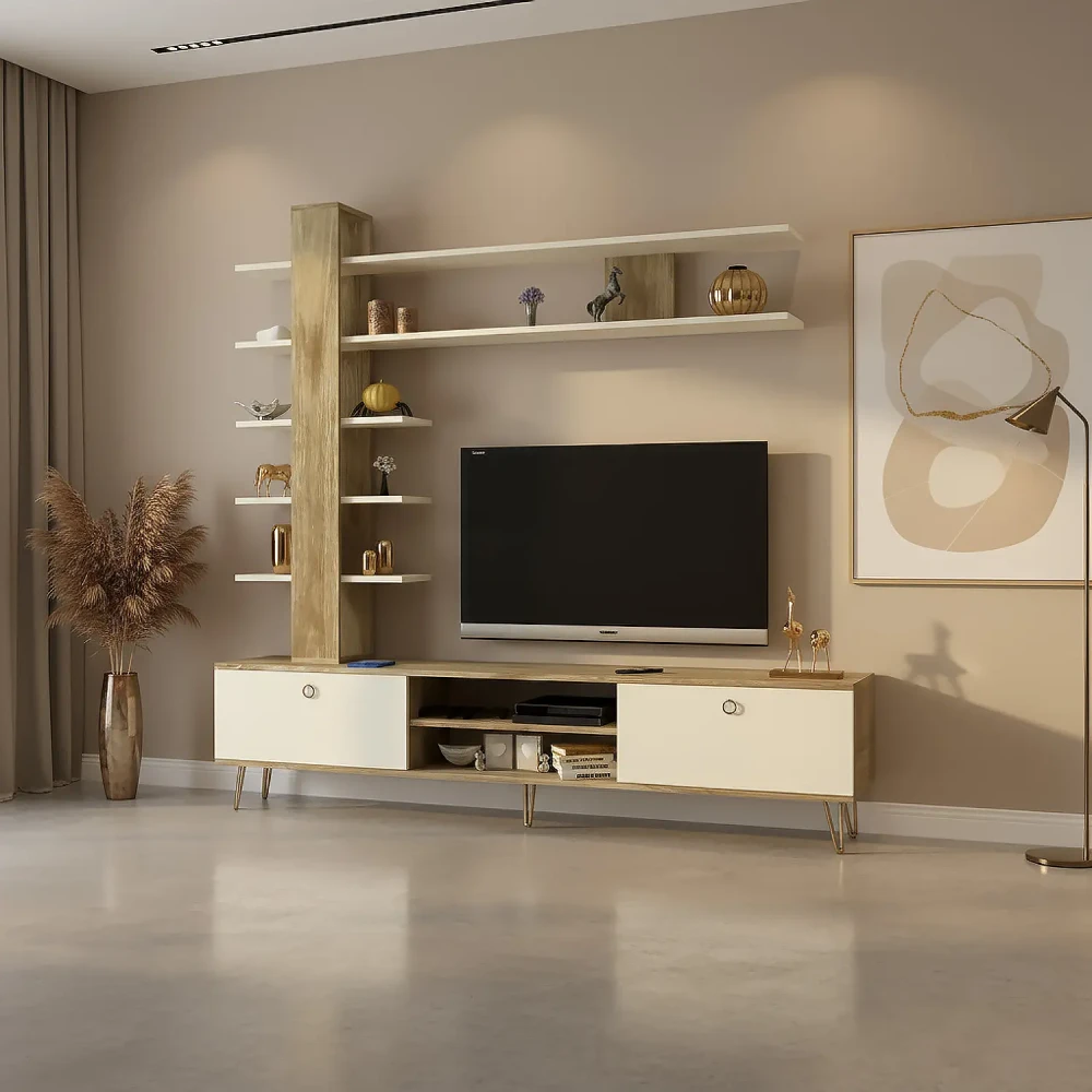 مكتبة تلفزيون لون بيج مع خشبي 79