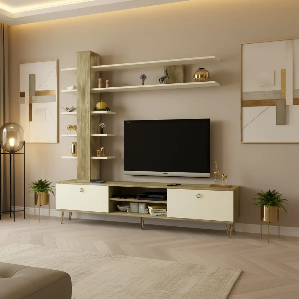 مكتبة تلفزيون لون بيج مع خشبي 79