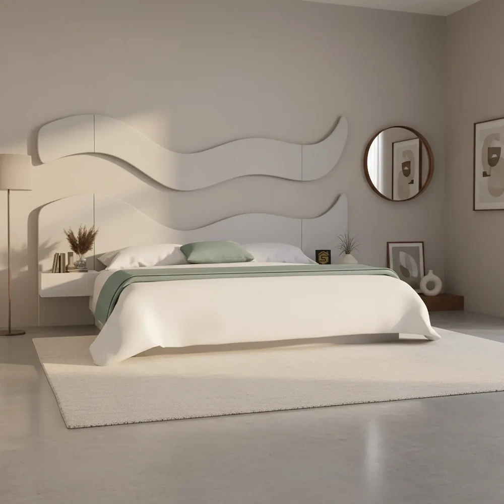  سرير مودرن 200×200 مع ديكور جداري وكومدينتين لون ابيض