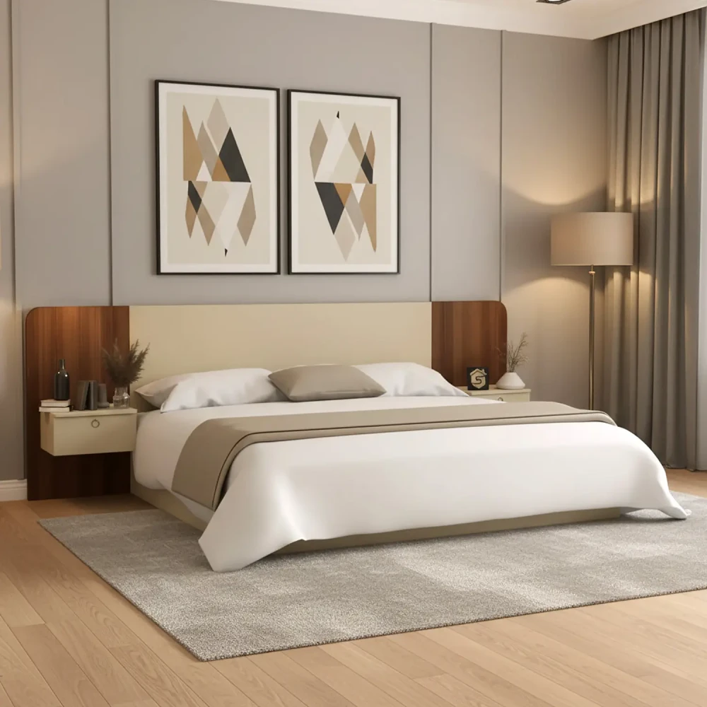 سرير مودرن بتصميم فاخر مع 2 كومودينو معلق وديكور جداري – أبيض وبني