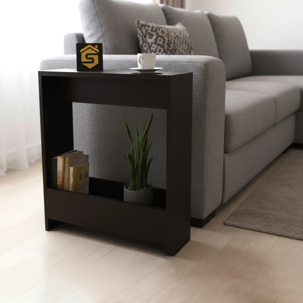 طاولة جانبية مودرن باللون الأسود للأريكة مع رف سفلي للتخزين