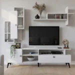 طاولة تلفزيون مع رفوف لون أبيض 16