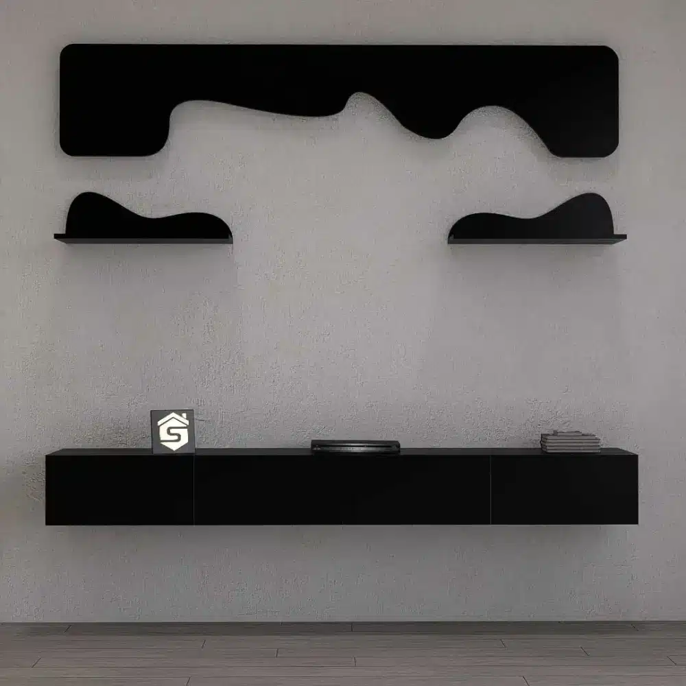 طاولة تلفزيون مودرن معلقة 200 سم لون اسود مع رف ديكور