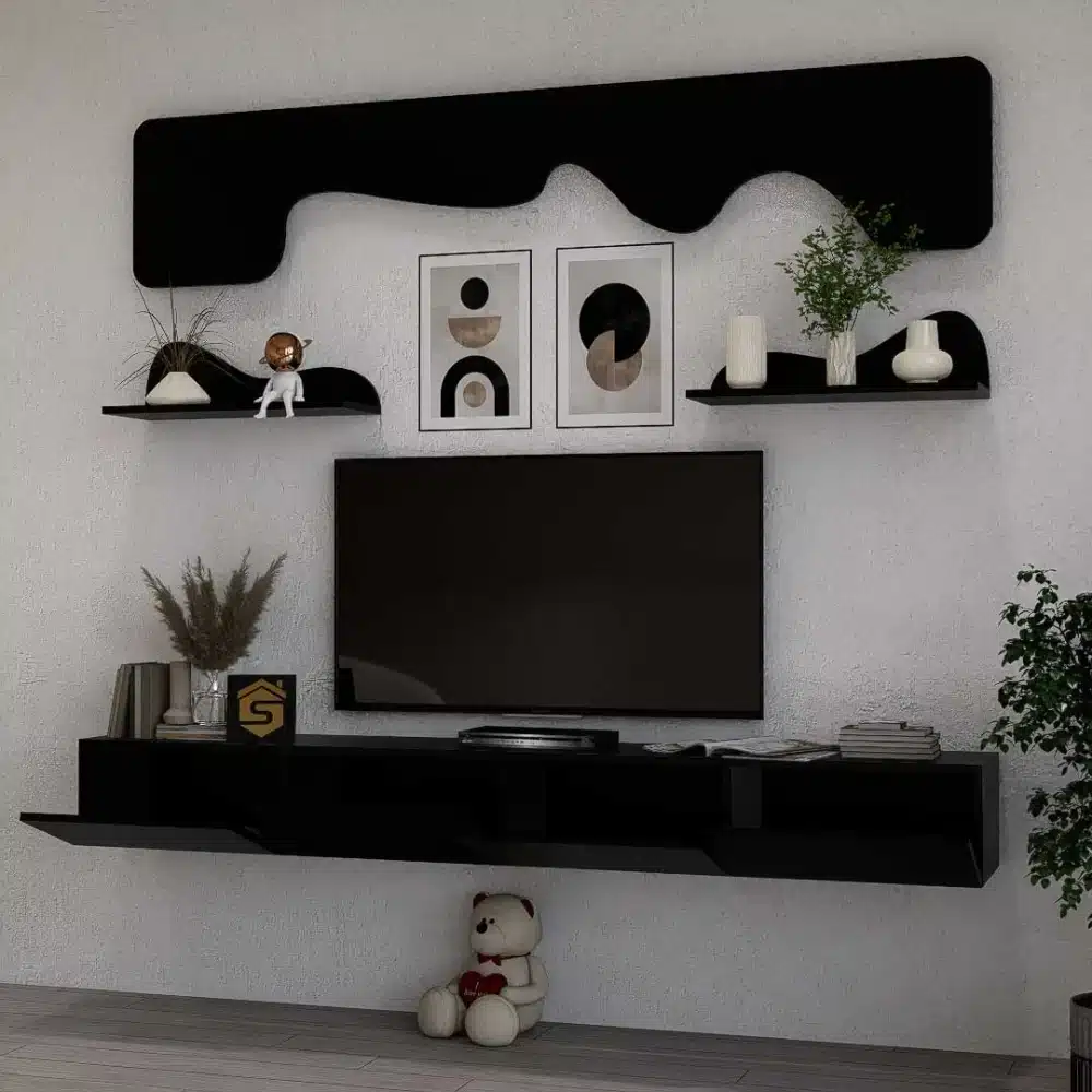 طاولة تلفزيون مودرن معلقة 200 سم لون اسود مع رف ديكور