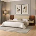 سرير مودرن بتصميم فاخر مع 2 كومودينو معلق وديكور جداري – أبيض وبني