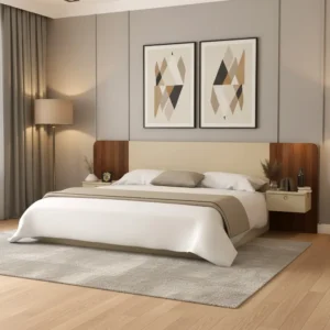 سرير مودرن بتصميم فاخر مع 2 كومودينو معلق وديكور جداري – أبيض وبني