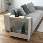 طاولة جانبية مودرن بيضاء للأريكة مع رف تخزين سفلي